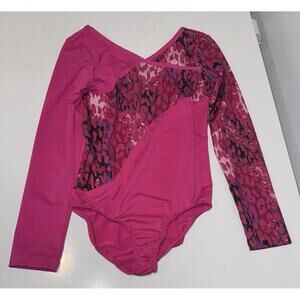 Girls Danskin Now Leotard Pink Leopard Pattern Across One Side, Size Small 6-6X